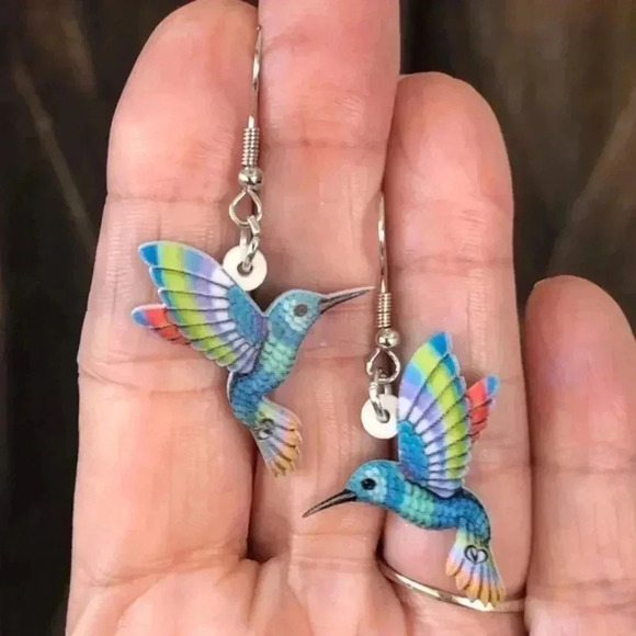 Cute Colorful Blue Hummingbird Bird Drop Earrings NWT - Picture 1 of 3